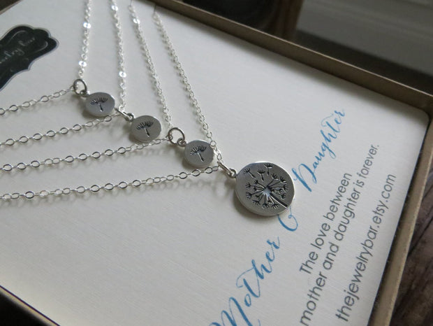 Mother 3 daughter jewelry, Dandelion charm necklace set - RayK designs