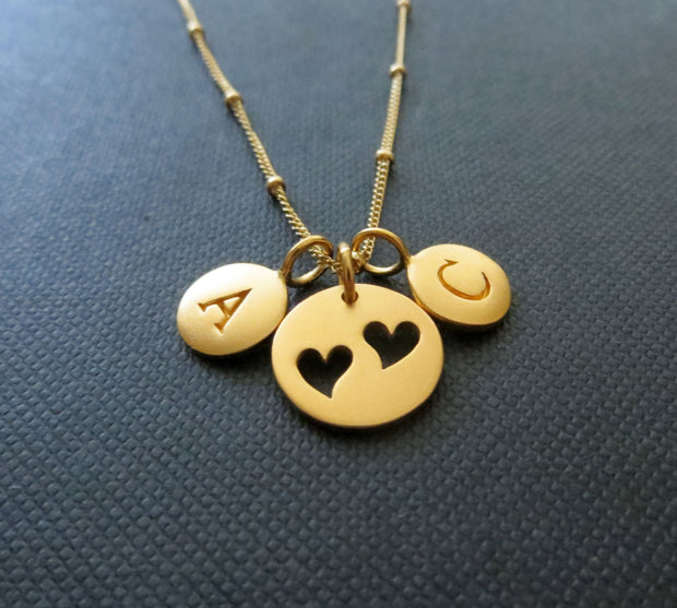 gift for mom from children, mother two initial necklace, Personalized jewelry, heart cutouts, mom birthday gift, mothers day - RayK designs