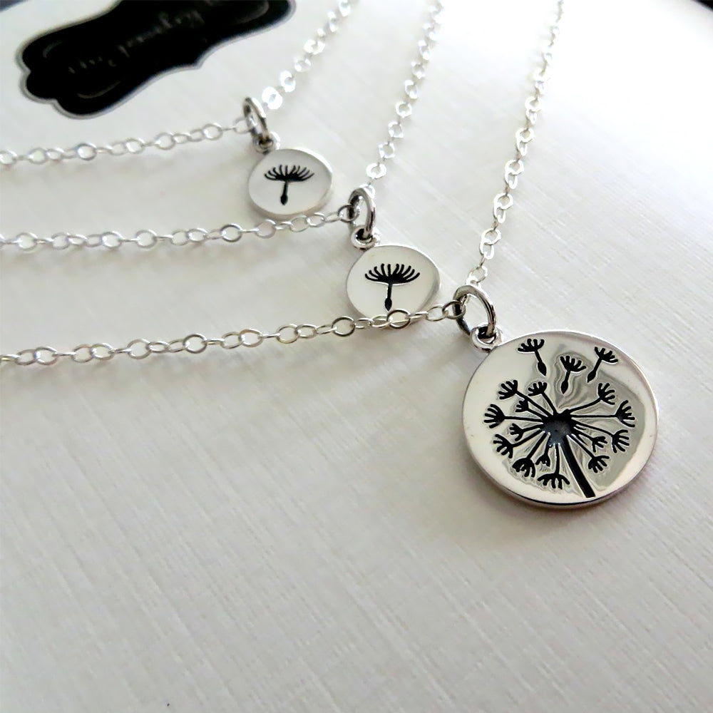 Mother two daughter sterling silver Dandelion necklace set