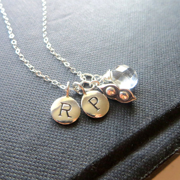 personalized two peas in a pod necklace, two kids initial necklace, gift for mother of two, mom of twin babies, two peas in a pod charm - RayK designs
