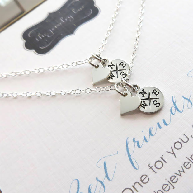 Long distance friendship gift, set of 2 heart & compass necklace, best friend jewelry, going away gift, one for you one for me, bestie gifts - RayK designs