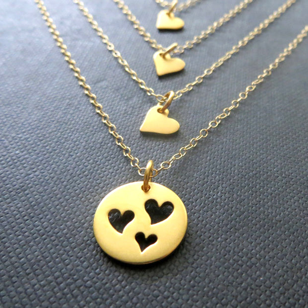 Mother 3 daughter gold heart cutout necklace set - RayK designs