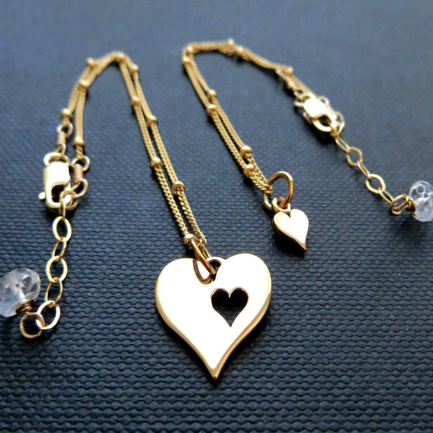 Mother gift, mother daughter bracelet, heart cutout charm, satellite chain bracelet, adoption, baby shower gift, new mom sharable gift set - RayK designs