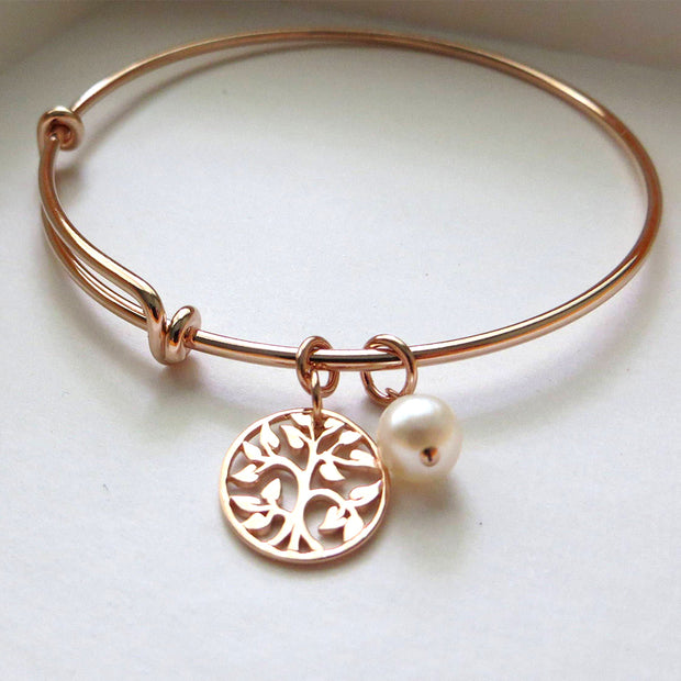 mother of the bride gift, rose gold tree of life bangle bracelet, mother in law, mom gifts, wedding jewelry, pink, pearl charm - RayK designs