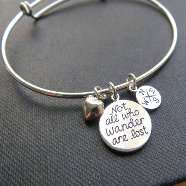 Not all who wander are lost, compass bangle, journey, quote, wanderlust, sterling silver expandable bracelet with wording - RayK designs
