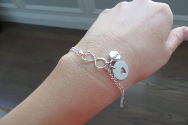 Mother daughter infinity initial bracelet, mom birthday gift, heart cutout, personalized mother daughter jewelry, monogram, mom gifts - RayK designs