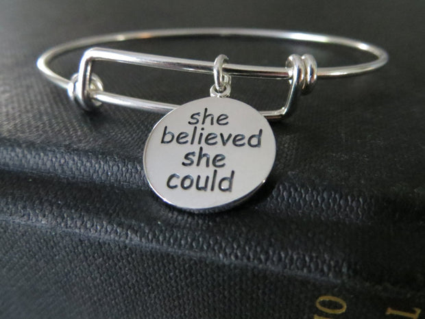 she believed she could so she did bangle bracelet, motivational jewelry, inspiration encouragement gift for her, sterling silver, graduation - RayK designs