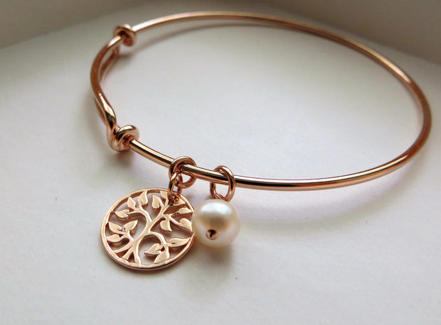mother of the bride gift from daughter, rose gold tree of life bangle bracelet, mother in law gift, pearl, wedding day jewelry for mom - RayK designs