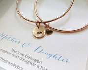 Mother daughter jewelry, rose gold heart bangle bracelet, birthday gift for mom, pink, heart disk, mother daughter gift, expandable - RayK designs