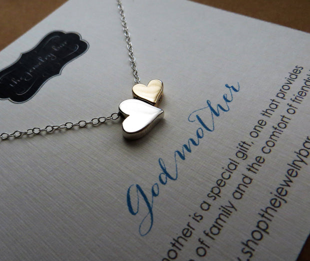 Godmother necklace, double heart necklace, mixed metal charm, godmother gift, Godmom jewelry, step mom gift, gift for godparents, baptism - RayK designs