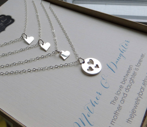 Mother 3 daughters jewelry, three heart cutout necklace, mom gift, sterling silver, birthday gift, celebration, Christmas gift - RayK designs