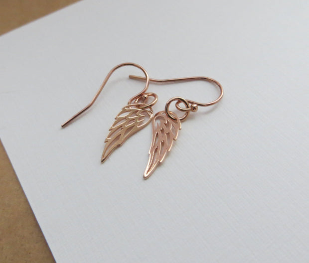 Rose gold Angel wing earrings, dainty small earrings, silver, gold, gift for her, feather earrings - RayK designs