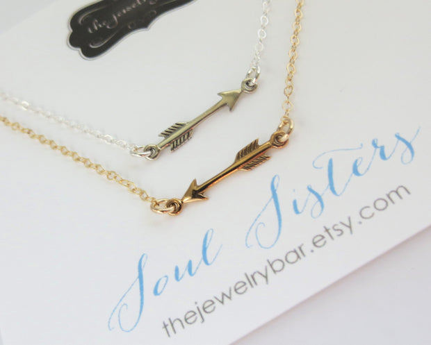 Soul sister necklace, Small Sideways Arrow necklace, soul sister jewelry, best friends gift for 2, sterling silver gold, sorority gift - RayK designs