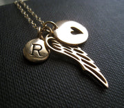 Personalized angel wing necklace, angel wing charm and initial, memorial jewelry, monogram, in loving memory, remembrance, sympathy gift - RayK designs