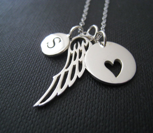 Personalized Angel wing necklace, memorial Initial necklace, angel wing charm, remembrance jewelry, gift, grief - RayK designs
