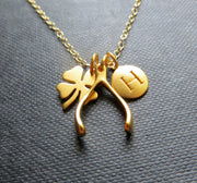 Good luck initial necklace, make a wish, shamrock charm, wishbone necklace, personalized lucky jewelry, Christmas gift, gift for her - RayK designs