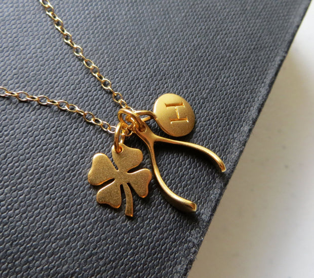 Good luck initial necklace, make a wish, shamrock charm, wishbone necklace, personalized lucky jewelry, Christmas gift, gift for her - RayK designs