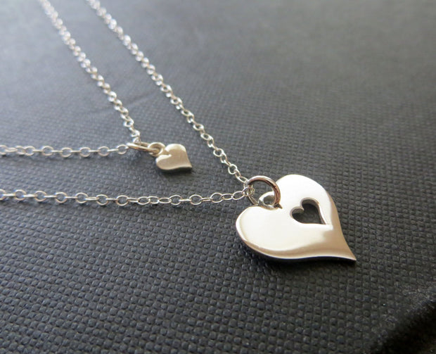 Mother daughter matching necklace sets, silver heart cutout - RayK designs
