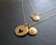 personalized mother daughter necklace, mother daughter initial jewelry, heart cutout charm, mother daughter gift, letter disk - RayK designs
