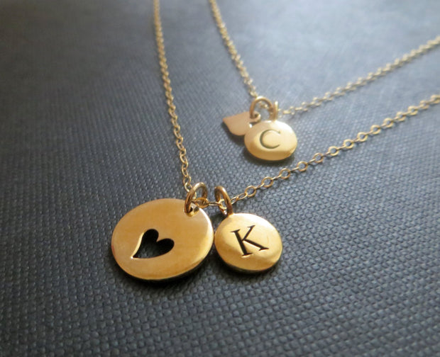 personalized mother daughter necklace, mother daughter initial jewelry, heart cutout charm, mother daughter gift, letter disk - RayK designs