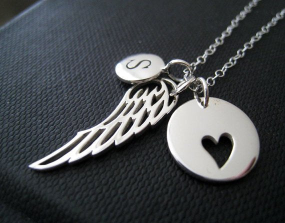 Personalized angel wing necklace, angel wing charm and initial, memorial jewelry, monogram, in loving memory, remembrance, sympathy gift - RayK designs